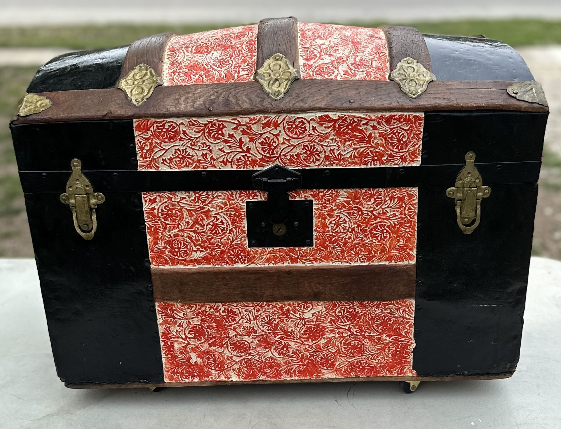 Medium Size Antique Trunk -Antique Vintage Dome Top Steamer Trunk w/embossed Tin Decorative
