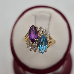 14k Gold  Diamond Amethyst And Blue Topaz Ring