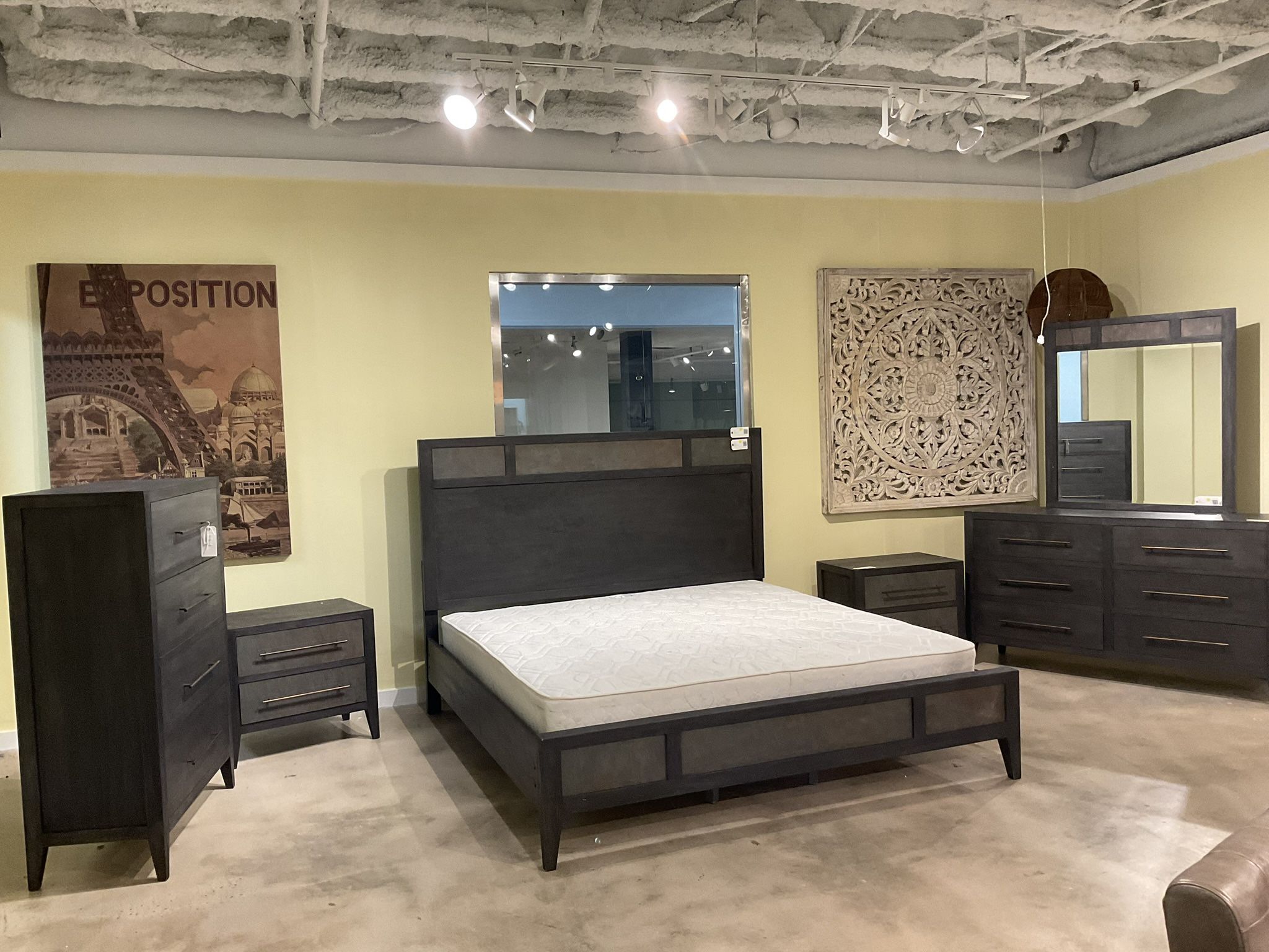 New king size 6 pc bedroom set dark gray wood and slate material