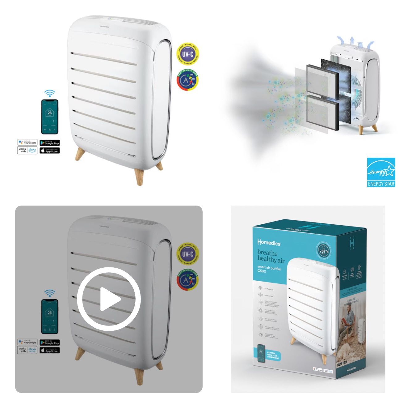 HOMEDICS Smart Wi-Fi Series with Air Quality Sensor 5 -Speed Ionic Smart Compatible White True HEPA and UV Air Purifier ENERGY STAR Certified (Covers: