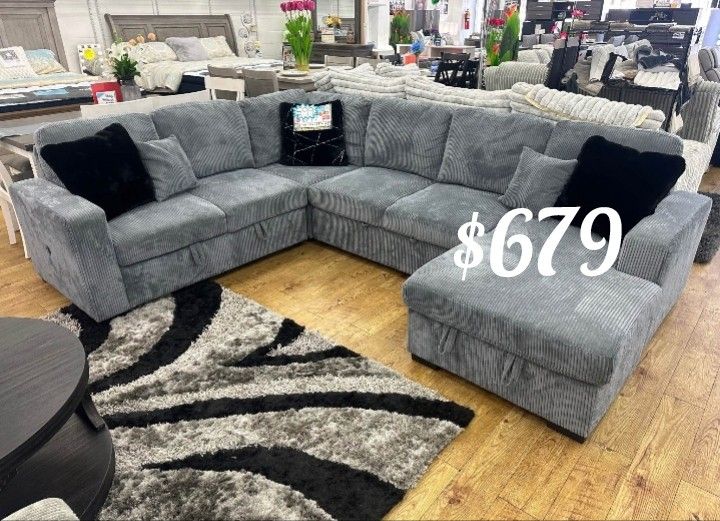 Dark Grey Corduroy Sectional Sofa Sleeper With Storage