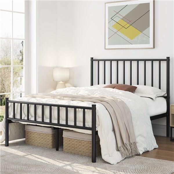 Minimalist Metal Bed Frame with Spindle Headboard and Footboard, 13 Inches Underbed Storage, 12 Built-in Metal Slats, No Box Spring Needed