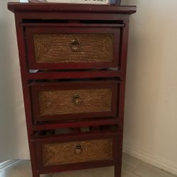 Red Wood Dresser with Woven Rattan Drawers