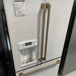 GE Cafe White With Gold Handles ENERGYSTAR 22.1 Cu. Ft. Smart Counter Depth French Door Refrigerator With Hot Water Dispenser 