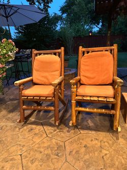 Log Style Wooden Rocking Chairs with Cushions – Set of 2