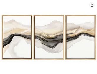 Set of 3 Framed Watercolor Tan Black Grey Canvas Prints Wall Art in Floating Faux Wood Frames