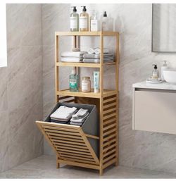 New Bamboo Tilt Out Laundry Hamper Cabinet with 10 Gal lon Removable Basket, 3 Open Shelves