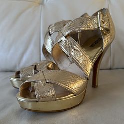 MICHAEL KORS, Penelope X-Strap model Gold Strappy High Heel Sandals