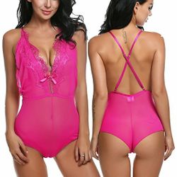 Women V Halter Lingerie Lace Babydoll Bodysuit One Piece Teddy