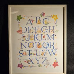 Cute childrens poster style wood framed "ABC Alphabet". Measures "17"x21" and in good condition.