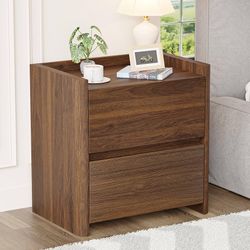 Nightstand with 2 Storage Drawer, Modern End Table for Bedroom with Cut-Out Handle, Large Night Stands for Bedroom, Home Office, Set of 2, Walnut