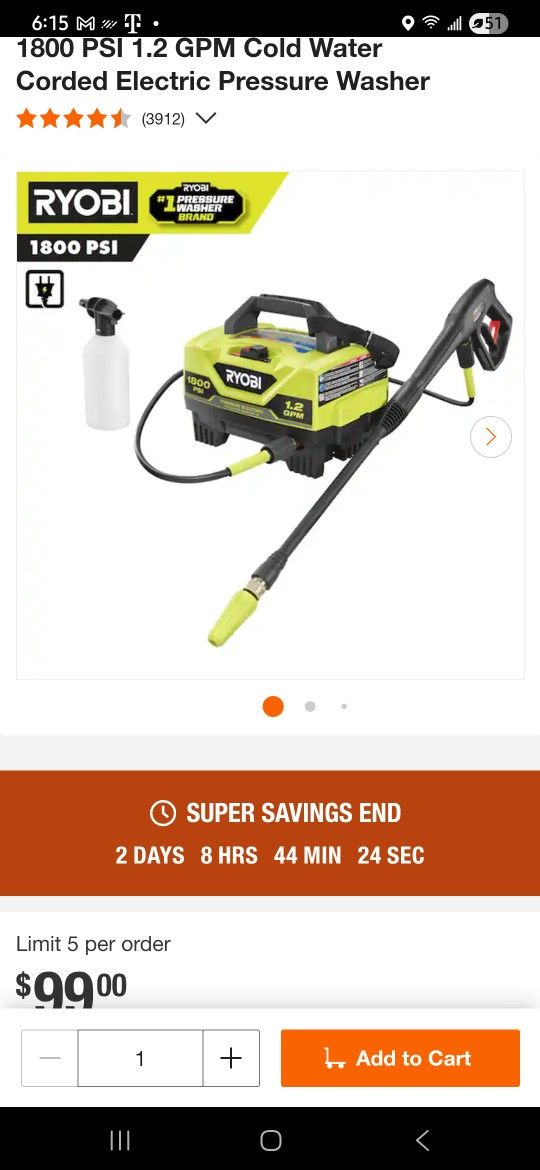 Ryobi 1800 PSI 1.2GPM Electric Pressure Washer