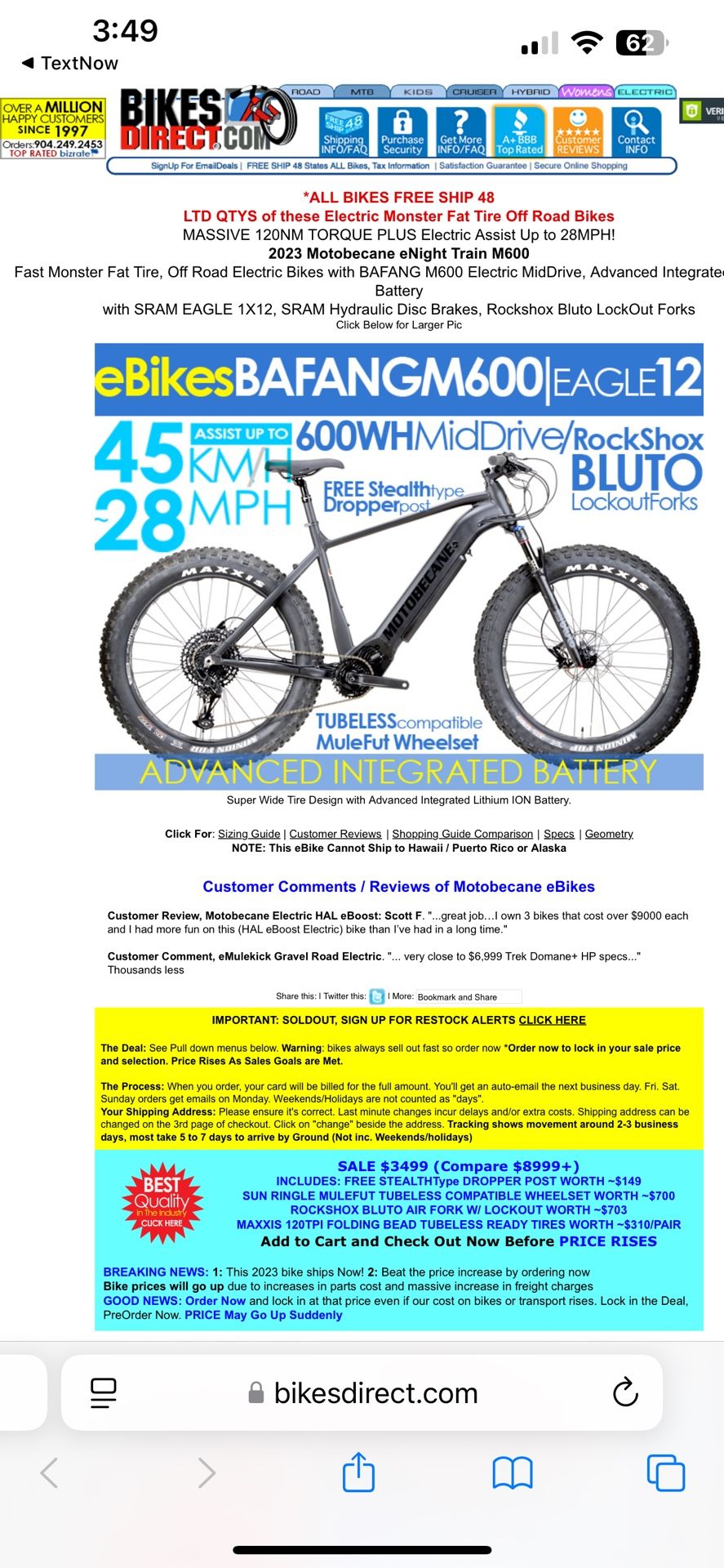 2023 Motobecane Electric Enight Train M600 Bafang Electric Mid Drive