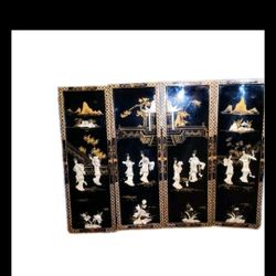 Vintage Black Lacquer Oriental Mother Of Pearl - set of 4 - 36x12