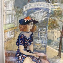 Original Watercolor Painting Signed French Girl Poodle Sitting Pondering 15x17” 