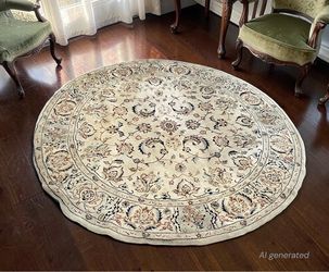 6’ Round Wool Ivory Persian-Style Area Rug needs repair but a beauty