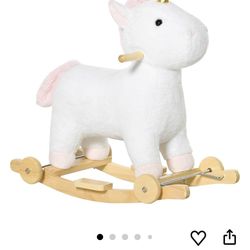 Rocking Horse, 2 in 1 Kids Ride on Horse, Rolling Unicorn Animal Rocker with Sound, Wooden Base, Pedal, Grip Handle, Plush Riding Pony for 3-6 Years O