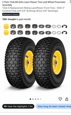 Wiltire 2 Pack 15x6.00-6nhs Lawn Mower Tires and Wheel Pneumatic Assembly