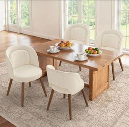 4 Upholstered dining  Chairs with Solid Wood Legs, Curved Backrest & Lumbar Support for Home Dining Room, Restaurant, Linen Color