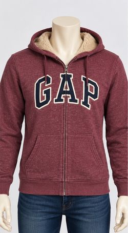 GAP Sherpa Lined Full Zip Hoodie Burgundy Logo Sweatshirt XL