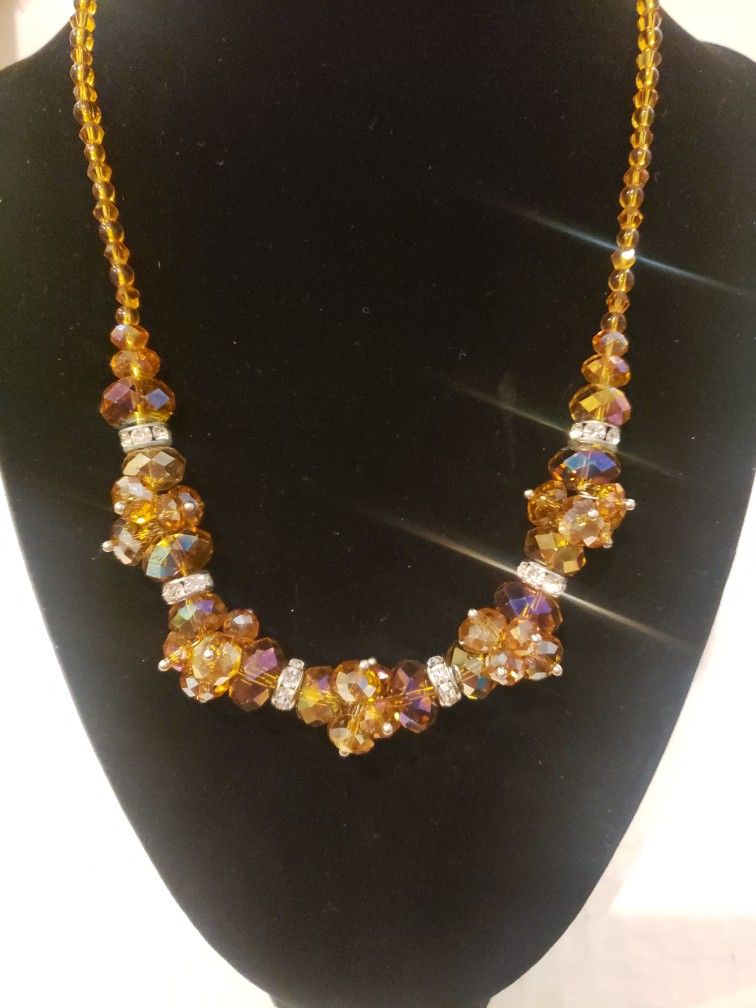 Bronze Amber Honey Colored Beads and Crystals 19" Necklace. F10