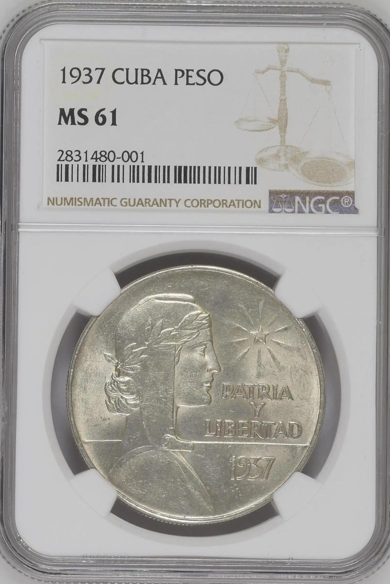 1937 Peso ABC $1875 Cuba NGC MS61 Key Date silver coin moneda cubana