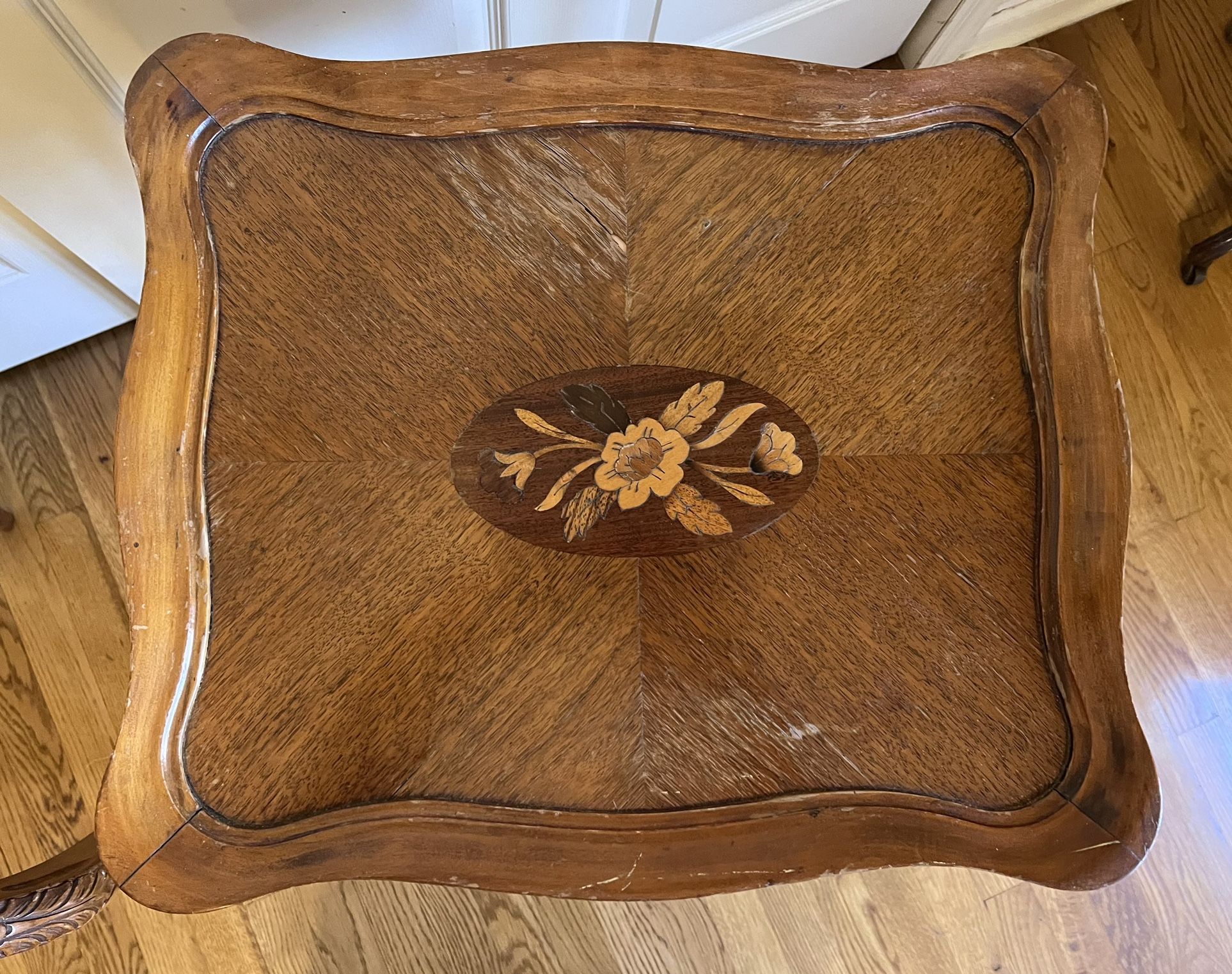 Inlaid matching end tables, lily floral design, mid century 50s 60s for