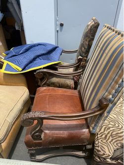 Designer Leather & Stripe Accent Chair – Carved Wood Arms