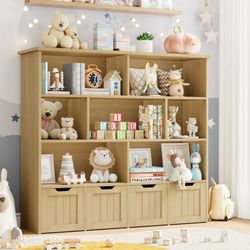 7 Cube Toy Storage Organizer, Kids Geometric Bookcase and Bookshelf with 4 Drawers, Natural