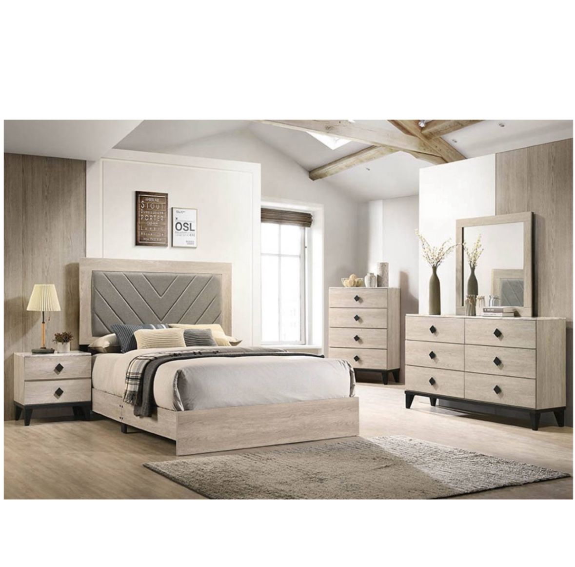4- Pc Bedroom set Dresser,Mirror Nightstand (1) Queen size bed frame Not including Mattress and Box Sp