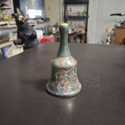 Green Ceramic Hand-painted Bell 🔔  With Flowers And Birds & Gold Trim, Satsuma Style, Vintage 5"H