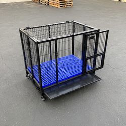 (NEW) $150 Folding Dog Cage 37x25x33” Heavy Duty Single-Door Kennel w/ Plastic Tray 