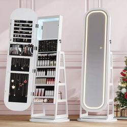 【Full-Length LED Mirror】ONBRILL Gorgeous Lockable 360° Swivel Jewelry Cabinet w/ Light,Jewelry Organizer Armoire Standing w/ Interior Mirror&Storage S