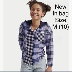 Justice Girls' Plaid Flannel with Hood Size M (10) NEW in bag