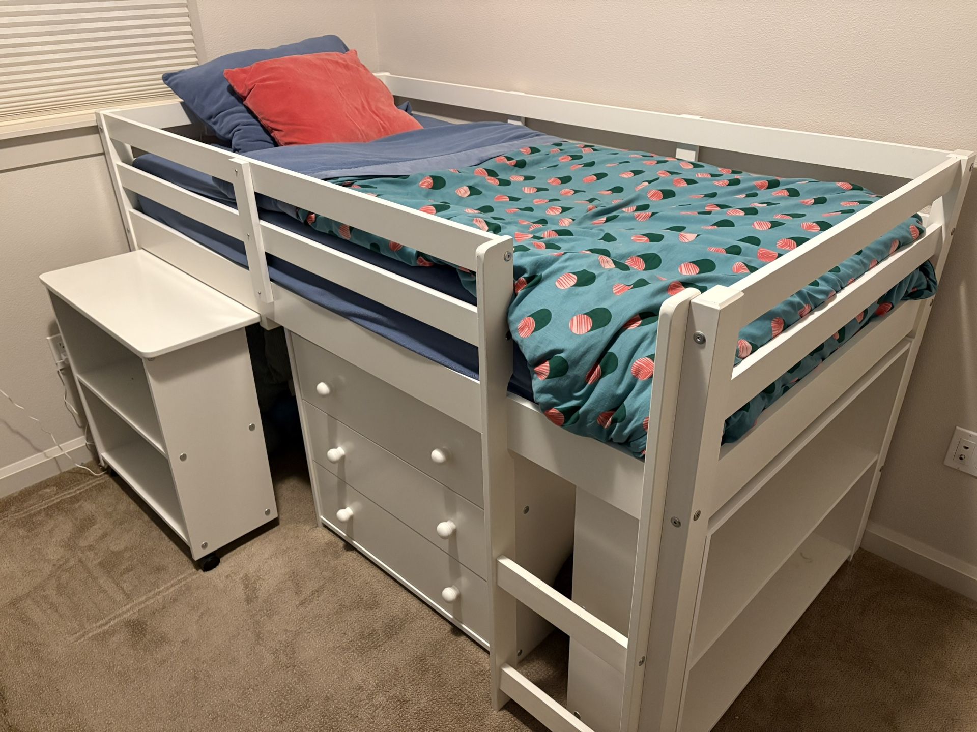 Kids’ Low Loft Twin Bed w/ Desk, Drawers, Shelves