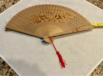 Vintage Wooden Chinese Fan With Panda Bears in Bamboo Forest in original Box