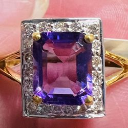 Natural DIAMONDS Amethyst 0.25 14kt Solid Yellow Gold Ring Size 6# NEW