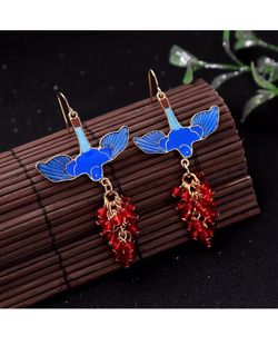 Blue Bird with Grapes in mouth Dangle Earrings