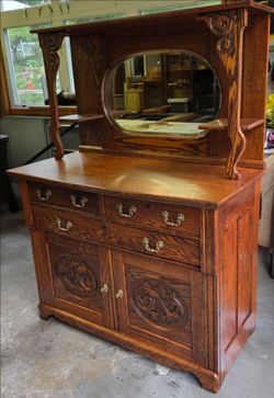 Antique Victorian Tiger Oak  Sideboard Hutch Buffet with Mirror