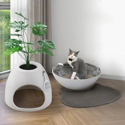 Cat Litter Box, 2-in-1 & Cat Bed, hidden plant white, NEW 