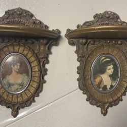 2 VINTAGE LADY PORTRAIT ROCOCO STYLE CAMEO CREATIONS GOLD GILT WALL SHELF