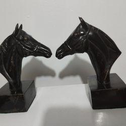 VINTAGE CAST METAL / BRONZE HORSE BUST BOOKENDS 8"×5.5"