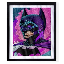 Custom art piece of Batman with purple colors on black frame