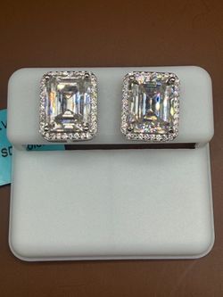 Emerald Cut Moissanite Halo Stud Earrings