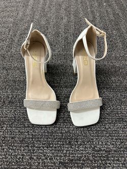 X2B Women’s White Ankle Strap Rhinestone Buckle Square Toe Strappy Heels 6