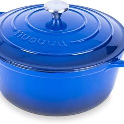 Cast Iron Dutch Oven with Lid – Non-Stick Ovenproof Enamelled Casserole Pot, Oven Safe up to 500° F – Sturdy Dutch Oven Cookware – Dark Blue, 6.4-Quar