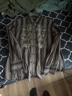 Men's Striped Button-Up Shirt with Embroidery