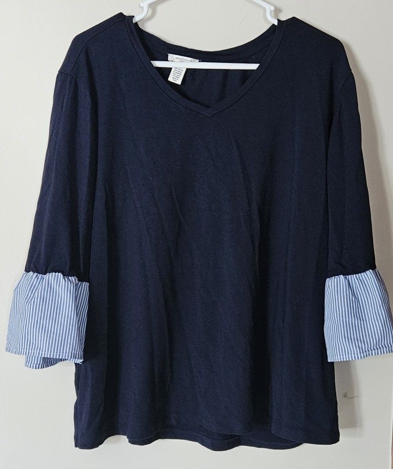 2X Westbound Woman Navy Blue Women's Top with Striped Flare 3/4 Sleeves