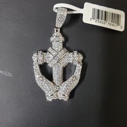 Sterling Silver Praying Hand Pendant With Cross