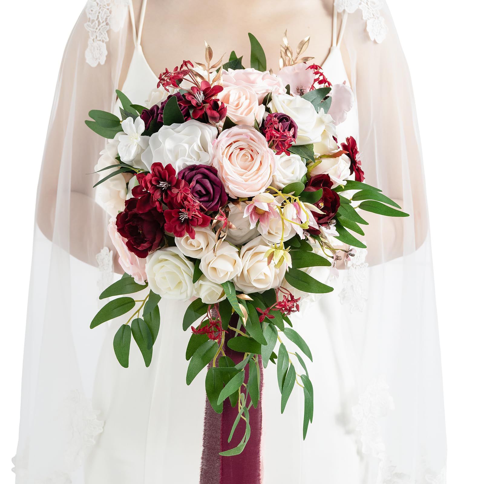 Ling's Moment Burgundy Bridal Bouquet For Bride, 13 Inch Romantic Marsala Wedding Bouquets For Bride, Silk Round Artificial Wedding Flowers Bouquets